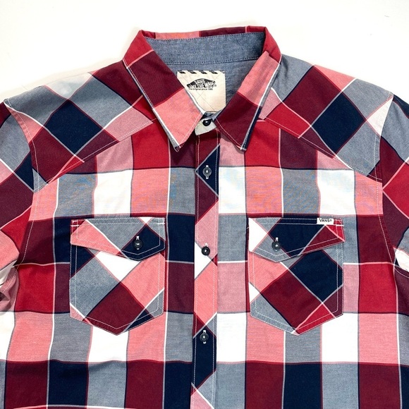 VANS Window Plaid Cotton Short Sleeve Button Up Shirt in Red With Blue Size XL - Picture 4 of 8
